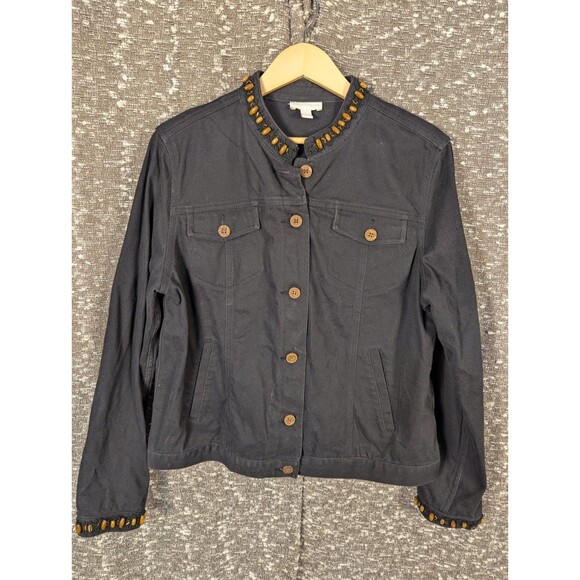 Charter Club Black Denim Jacket Women's L Beaded Accents on‎ Collar/Sleeves - Picture 1 of 7